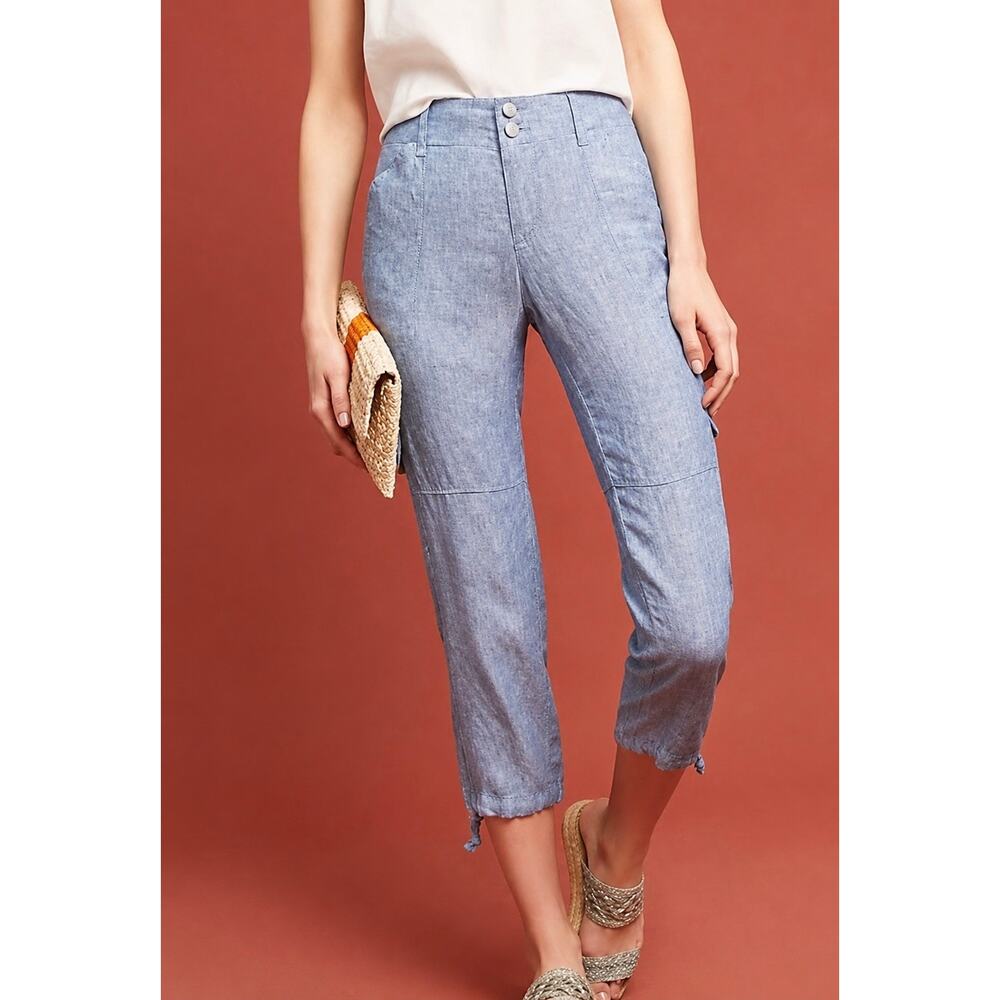 Sanctuary x Anthropologie 100% Linen Crop Cargo Pants Blue Size 26 Beach Resort